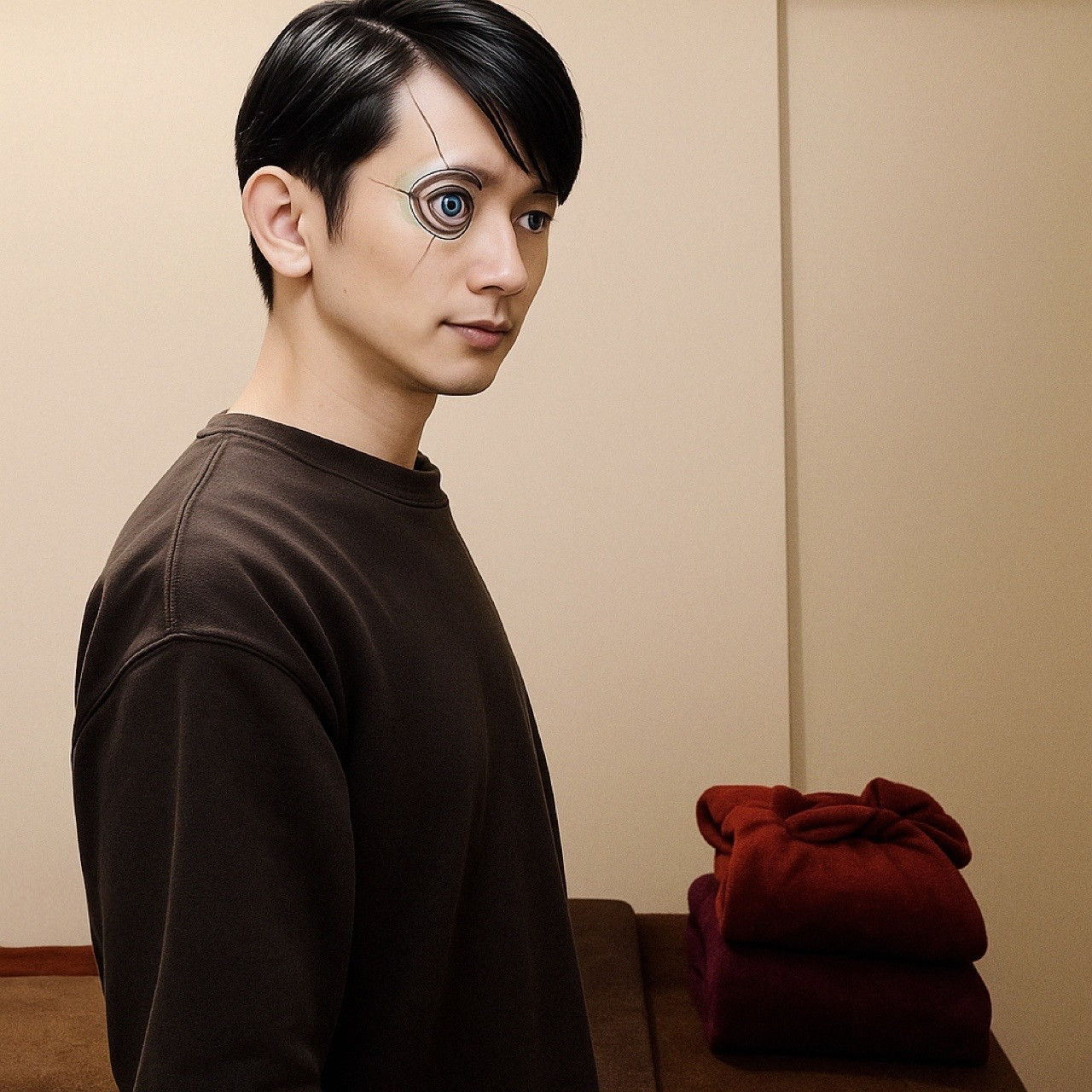 ムーンテッド(MoonTed)の日記より、片目が機械の義眼のように加工されたムーンテッド(MoonTed)のセラピストAKI。茶色のスウェット姿で、奥にたたんだ赤いブランケット