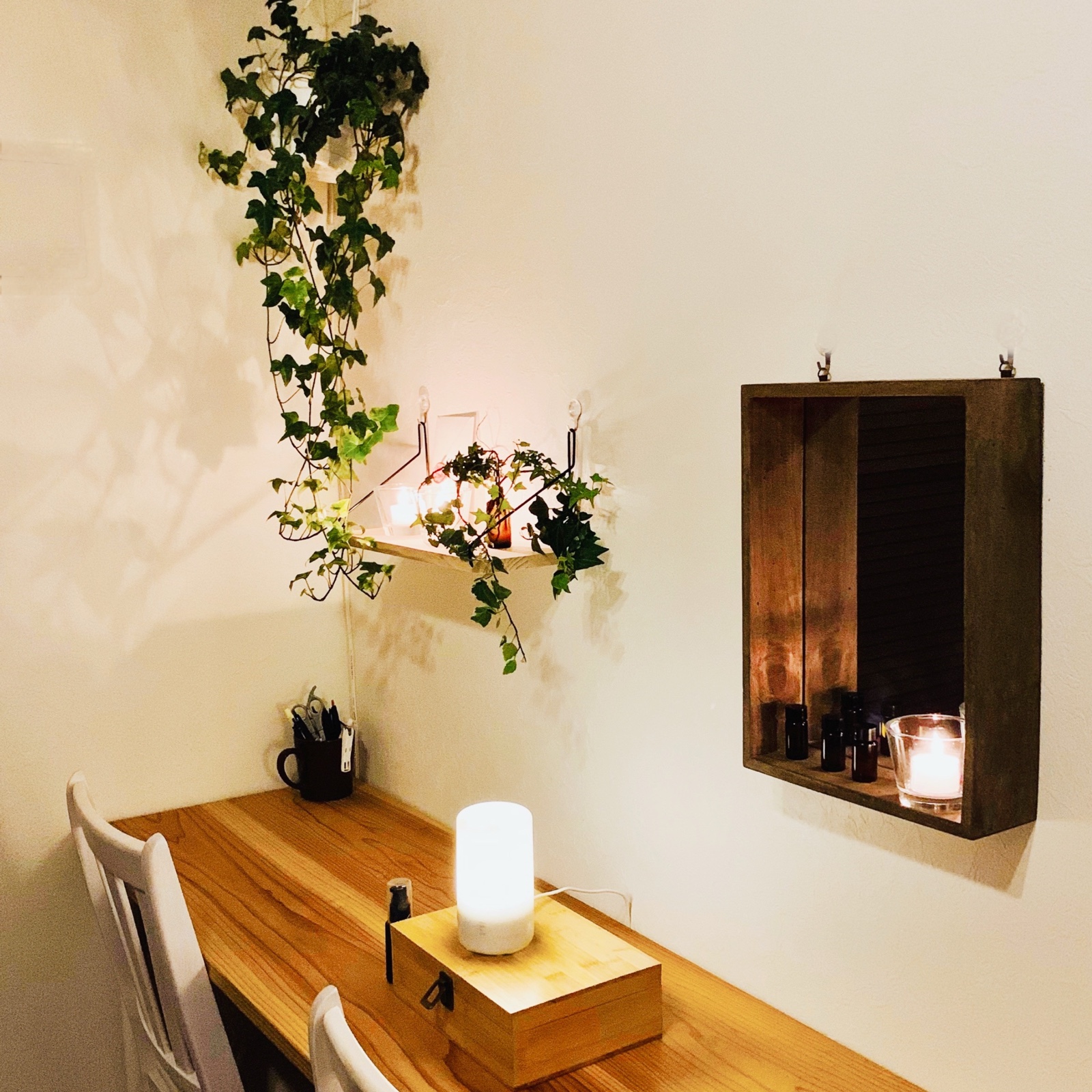 ムーンテッド(MoonTed)の日記より、木の机の上に吊るしたアイビーの鉢。机にディフューザー、壁にボックスミラー