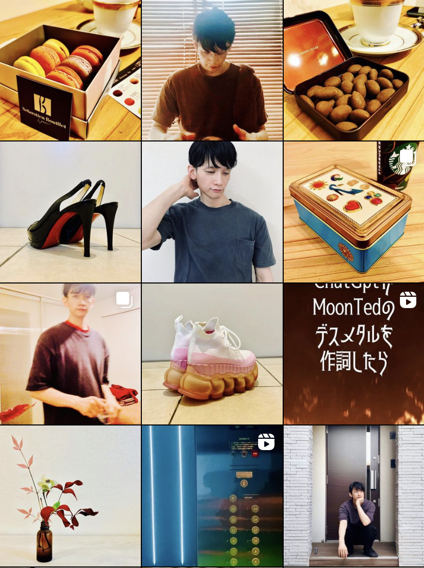 ムーンテッド（MoonTed）の日記より、サロンのInstagramの投稿一覧。AKIの写真や手土産、靴などが並ぶ