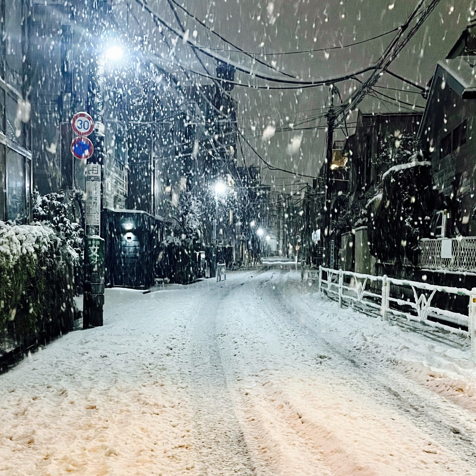 ムーンテッド(MoonTed)の日記より、大雪の夜、雪が積もった住宅街の路地と街灯
