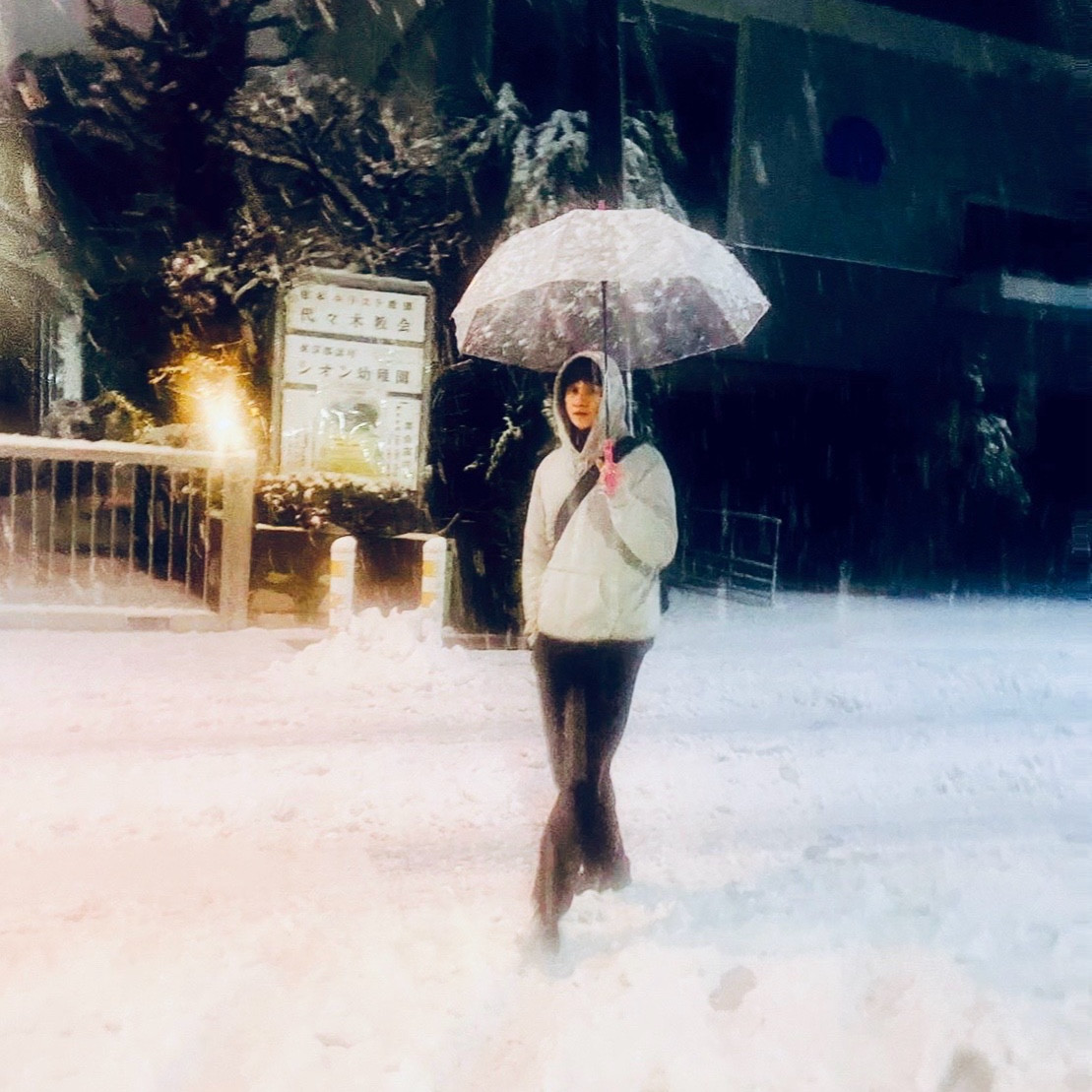 ムーンテッド(MoonTed)の日記より、雪の降る夜、傘をさして雪道に立つ白いダウンジャケットの人