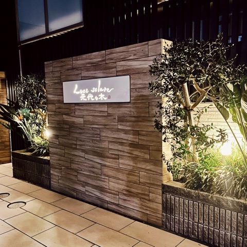 ムーンテッド（MoonTed）の日記より、夜のマンションのエントランス。ライトに照らされた石張りの壁と植栽