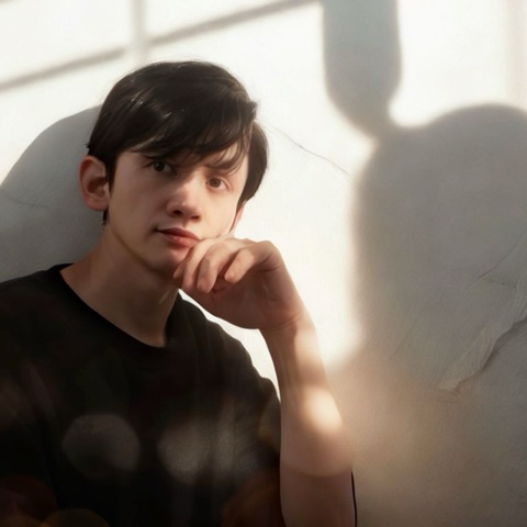 ムーンテッド（MoonTed）の日記より、白いソファにもたれて頬杖をつくムーンテッド（MoonTed）のセラピストAKI。やわらかな日差しと影