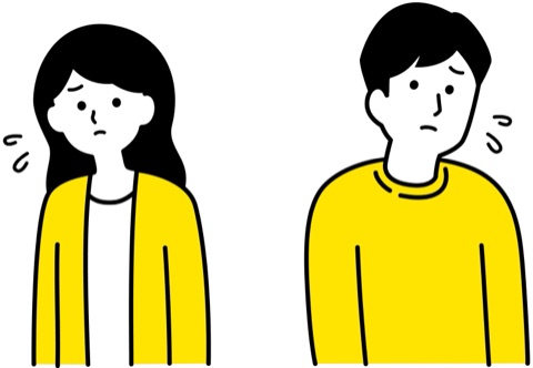 ムーンテッド（MoonTed）の日記より、困った顔で汗をかく、黄色い服の女性と男性のイラスト